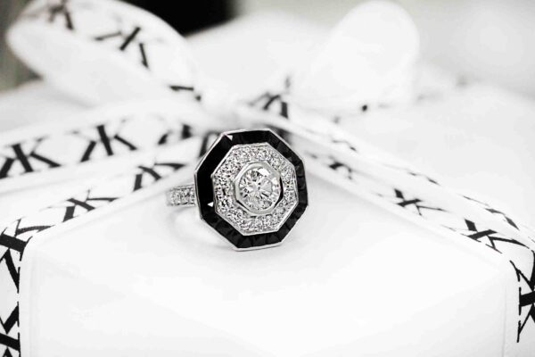 custom design round diamond centre black spinel halo ring by kalfin Jewellery