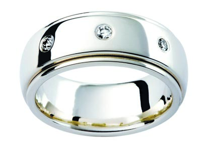 18ct white 3 round diamond gypsy setting on half round gents ring by Kalfin Jewellery