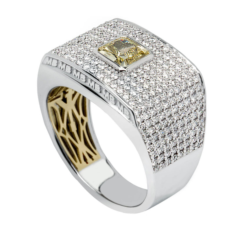 18ct white gold custom design diamond gents ring cushion cut yellow diamond centre