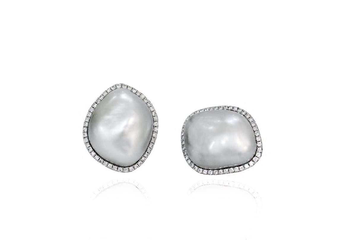 18ct White Gold Baroque South Sea Pearls Diamond halo button earrings