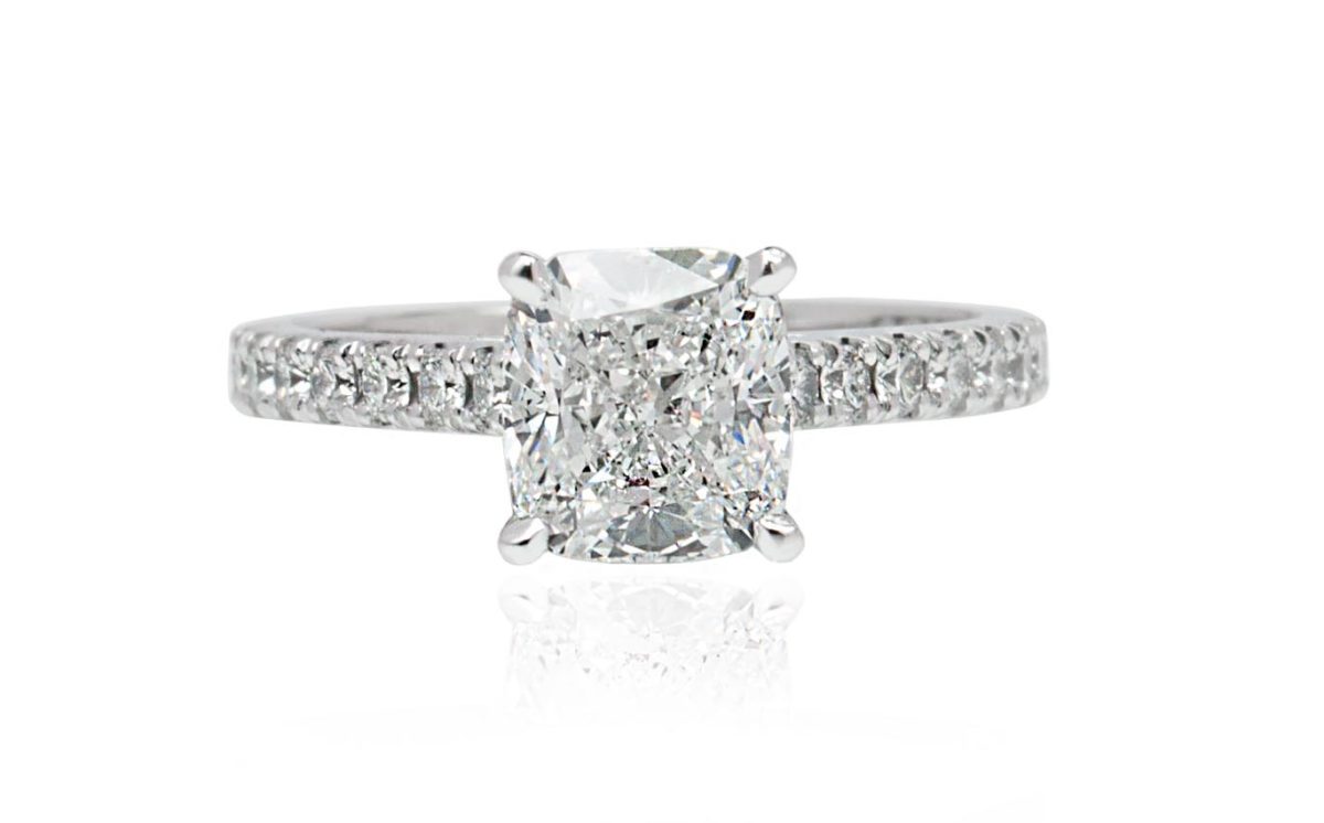 MELO 18ct White Gold Cushion cut diamond with diamond on the band engagement ring