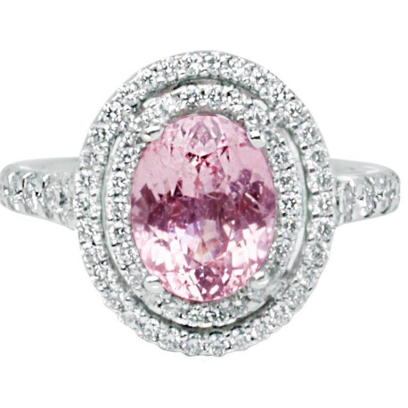 Platinum, Oval cut Pink Sapphire double halo Diamond Dress Ring